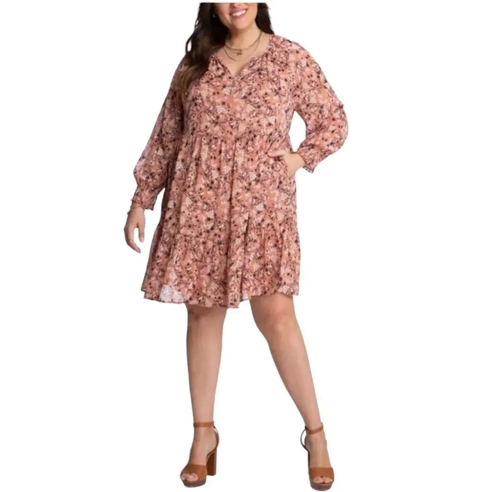 NWT Adyson Parker Floral Tiered Puff Long Sleeve Dress Sz 1X Cedarwood Combo